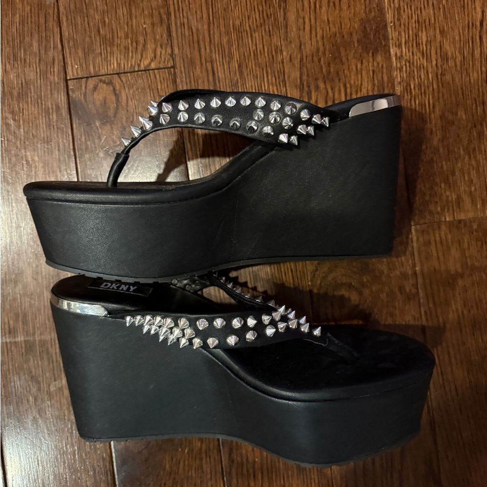 DKNY Black and Silver Platform Wedge Sandals